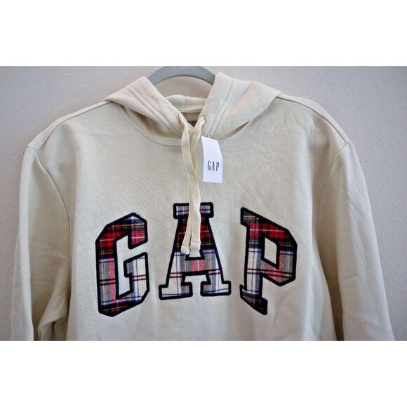 GAP 835589-02-1 Men's Sz Medium Beige Plaid Arch Logo Pullover Hoodie - Picture 3 of 8
